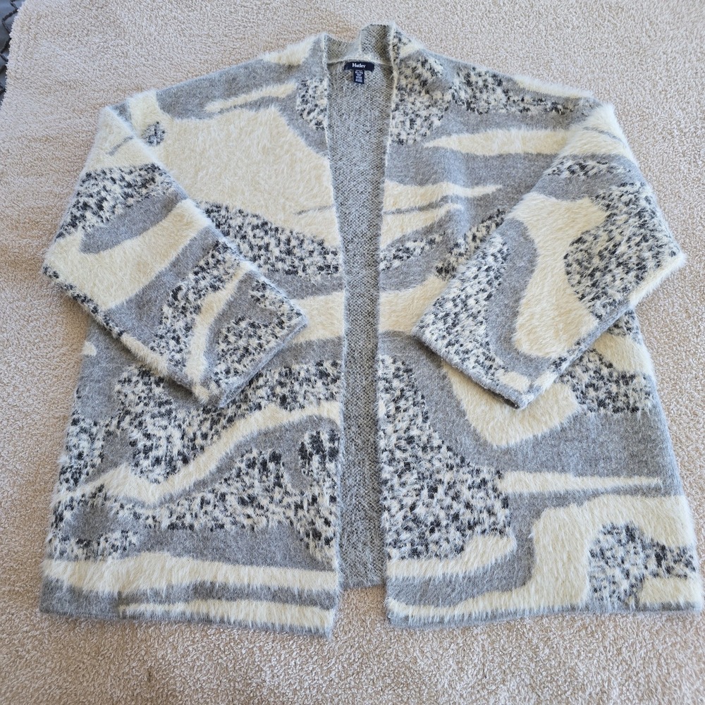 Hatley Women's Fuzzy Open Front Cardigan Gray Ivory Abstract Print Cozy Soft XL